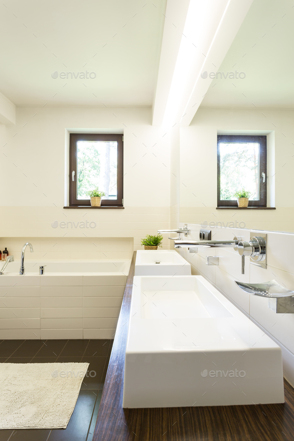 Bathroom with two wash basins Stock Photo by bialasiewicz | PhotoDune